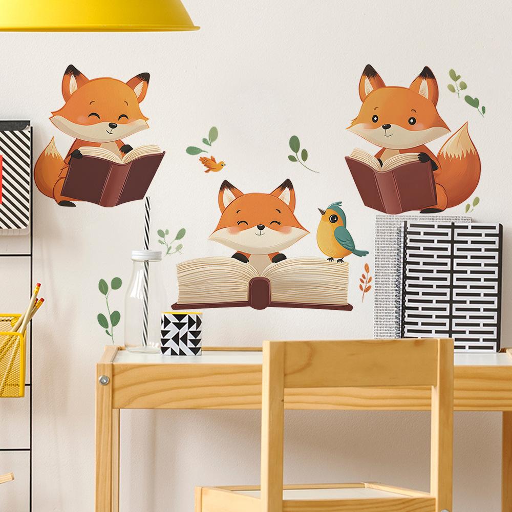 Cartoon Cute Fox Reading A Book Bedroom Study Background Beautification Decoration Wall Stickers