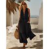 V-Ausschnitt Ärmelloses A-Linien-Langes Kleid Mit Taschen Vintage Strandurlaub