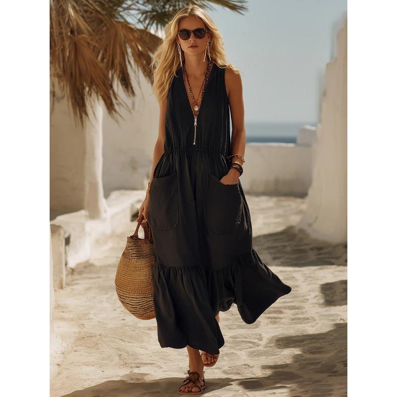 V-Ausschnitt Ärmelloses A-Linien-Langes Kleid Mit Taschen Vintage Strandurlaub