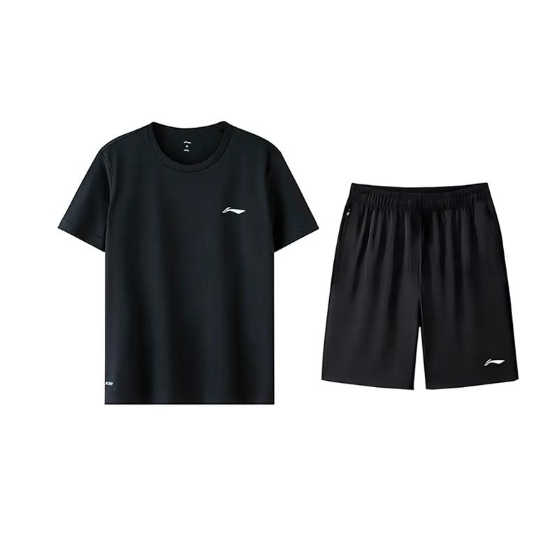 Li-Ning Plain Round Neck Pullover Short Sleeve T-Shirt Logo Print Simple Lightweight Breathable Shorts Casual Sports Suit ATST641-1+AKSV843-1