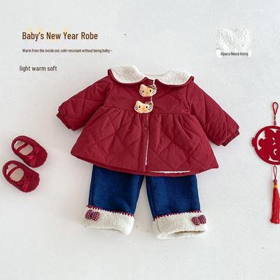 Chinesisches Neujahrsoutfit für Kinder 2025: Verdickter Winter-Baumwollmantel für kleine Mädchen