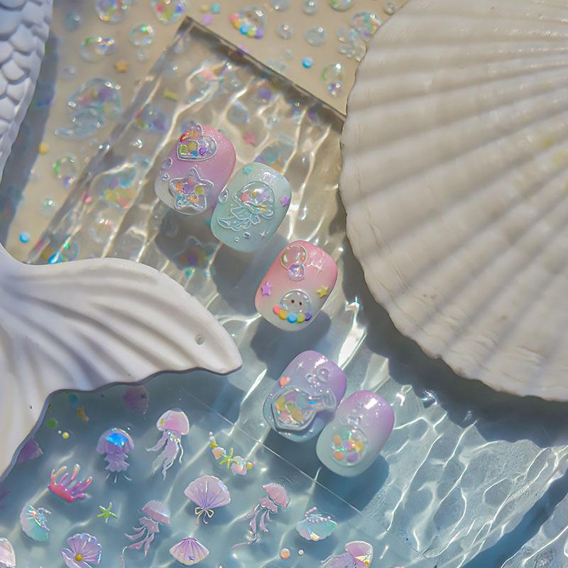Nail Ribbon Sticker Colorful Bagful Jellyfish Bubbles Starfish stickers for Nails Stickers Self-adhesive Manicure Decal ZJT22