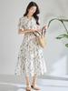 Spring/Summer Floral V-neck A-line Long Dress, 100% Cotton, Puff Sleeves, Women's Waist-cinching Design