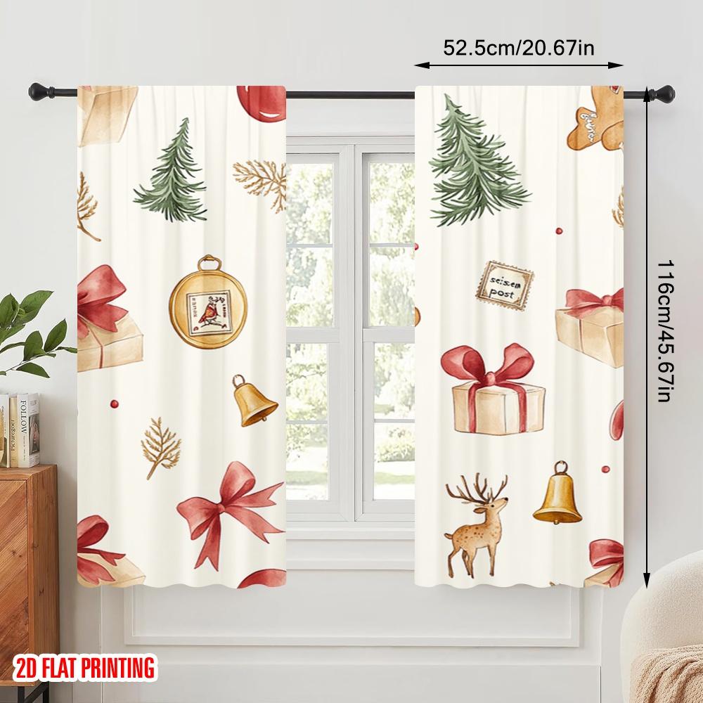 2pcs,2D Plane Printing Window Curtain Christmas Bells Bows Delivery Versatile Durable Polyester (without Rod) Decorations For