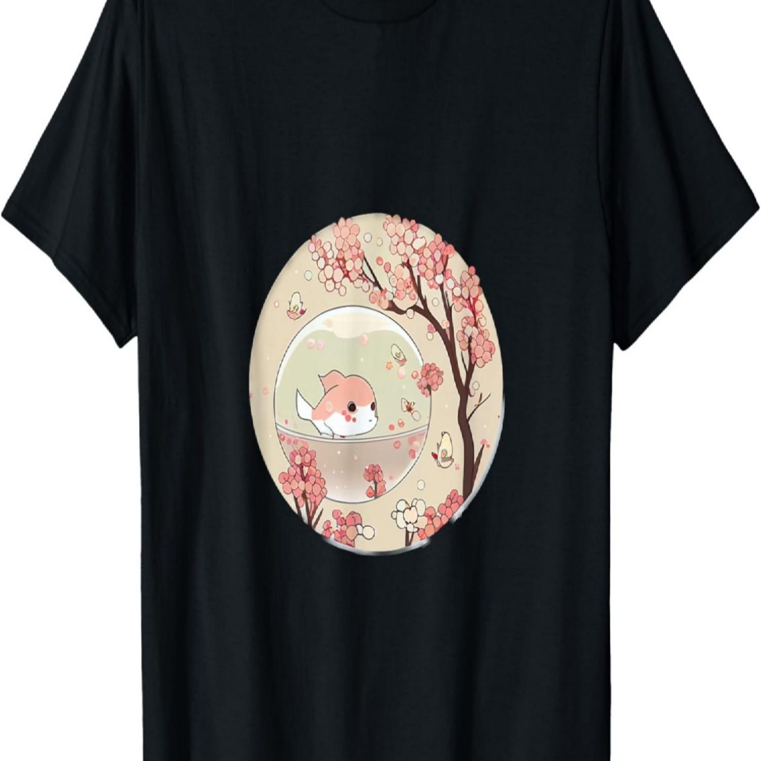 Cute Kawaii fish in a bubble with cherry blossom tree T-Shirt S чёрный