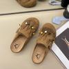 2025 autumn new tassel beaded matte leather flat-bottomed slippers women's casual shoes belt buckle inner heightening bag head drag