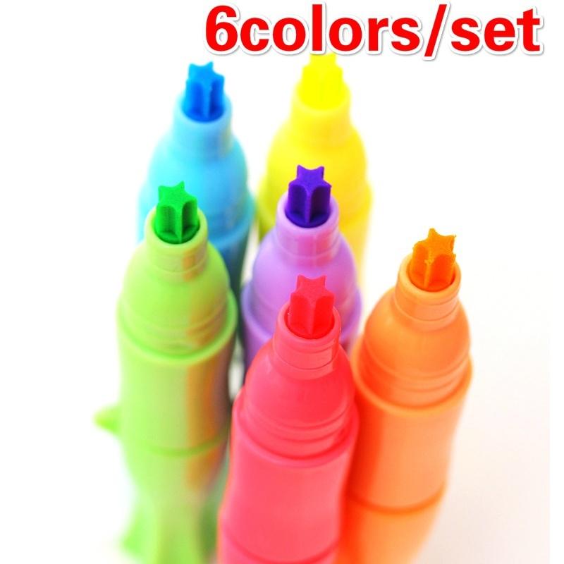 6Pcs/lot Mini Star Fluorescent Highlighter Pens Water Color Marker Pen Lovely Material Escolar Schoo
