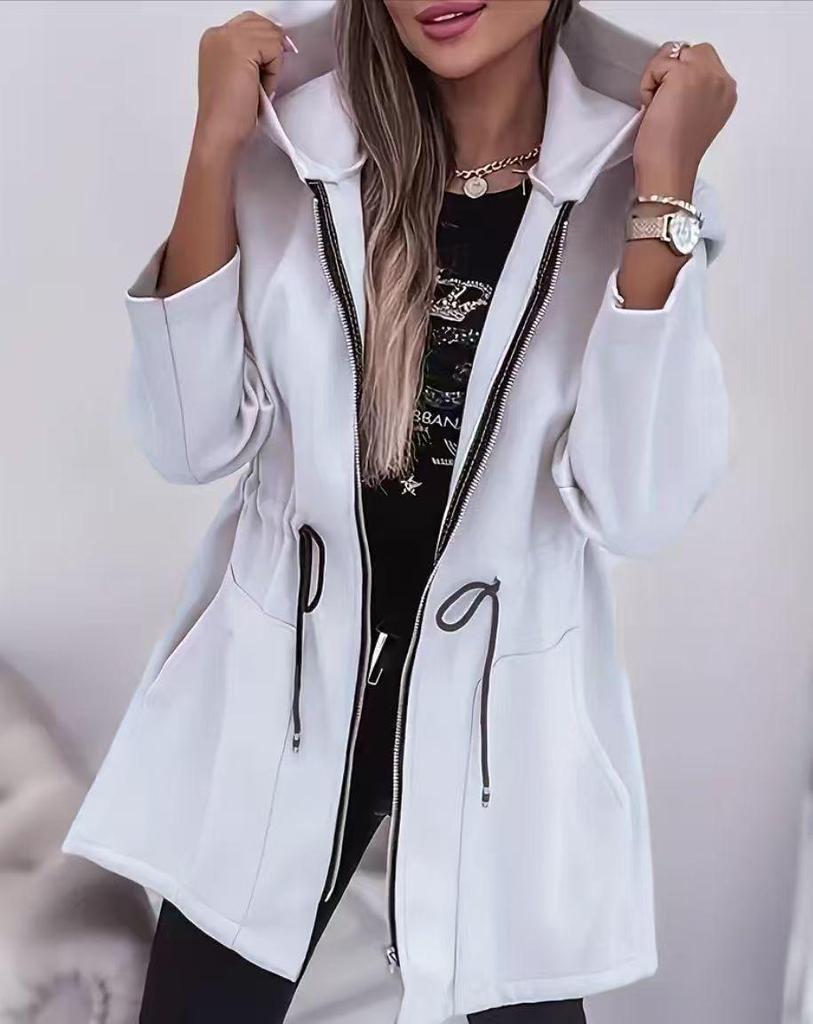 Europäische & Amerikanische Damenmode Reißverschluss Kapuzenjacke Mittellang mit Taillengürtel