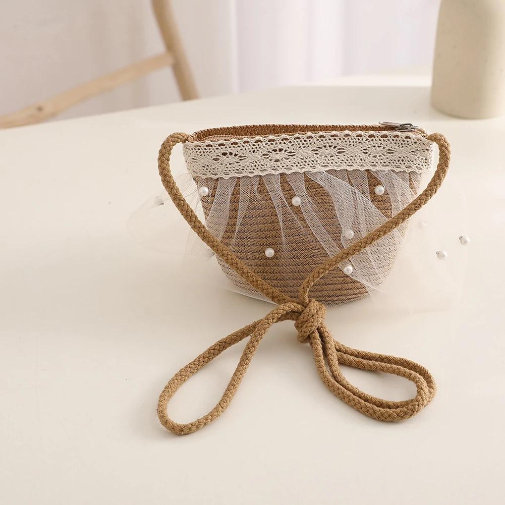 Elegant Summer Kids Straw Hat with Lace Wide Brim Cute Breathable Sun Hat Shoulder Bag for Girls Beach Outdoor Sunscreen