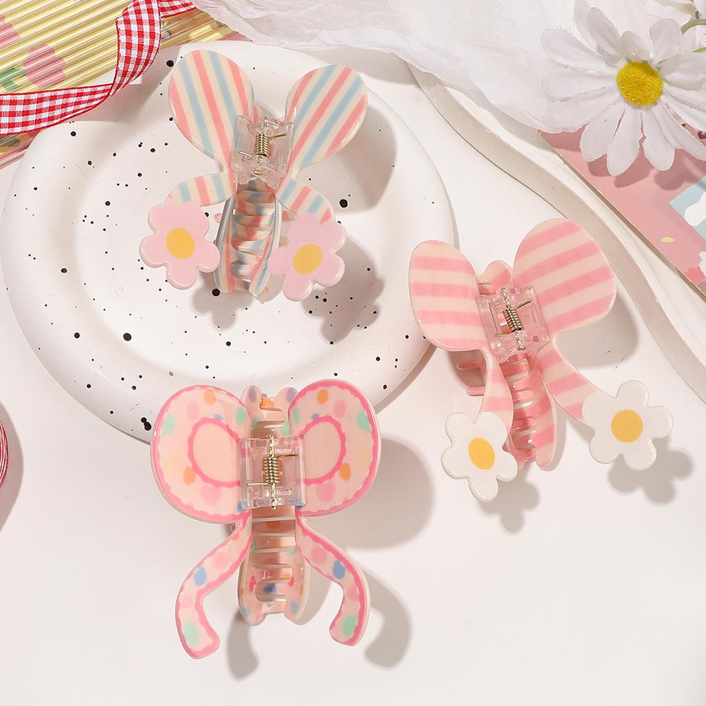 Spring Sweet Pink Spot Flower Bowknot Hair Claw Clip For Women,Butterfly Hairpin Ponytail Stripe Bow Hair Accessories Headwear