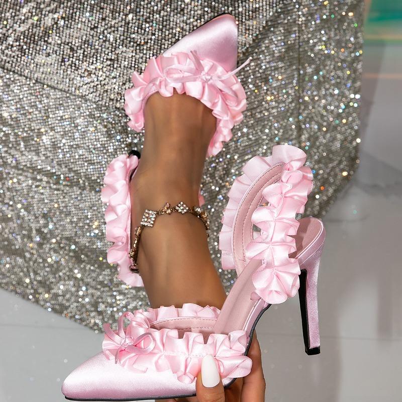 New Fashionable Design Pleated Silk Pointed Toe Pink High Heels Wedding Prom Shoes Female Slip On Back Strap Sandals Women Pumps