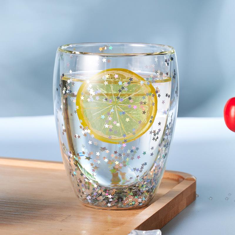 Starry sky double-layer glass sequined cup high-value household high temperature resistant milk cup drinking cup as the picture