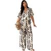 Summer Suit with Plant Print, Oversized V-neck Fitted Shirt, Waist-hugging Pants, and Stretchy Wide-leg Trousers