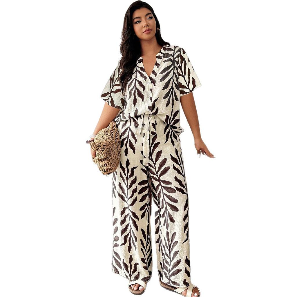 Summer Suit with Plant Print, Oversized V-neck Fitted Shirt, Waist-hugging Pants, and Stretchy Wide-leg Trousers