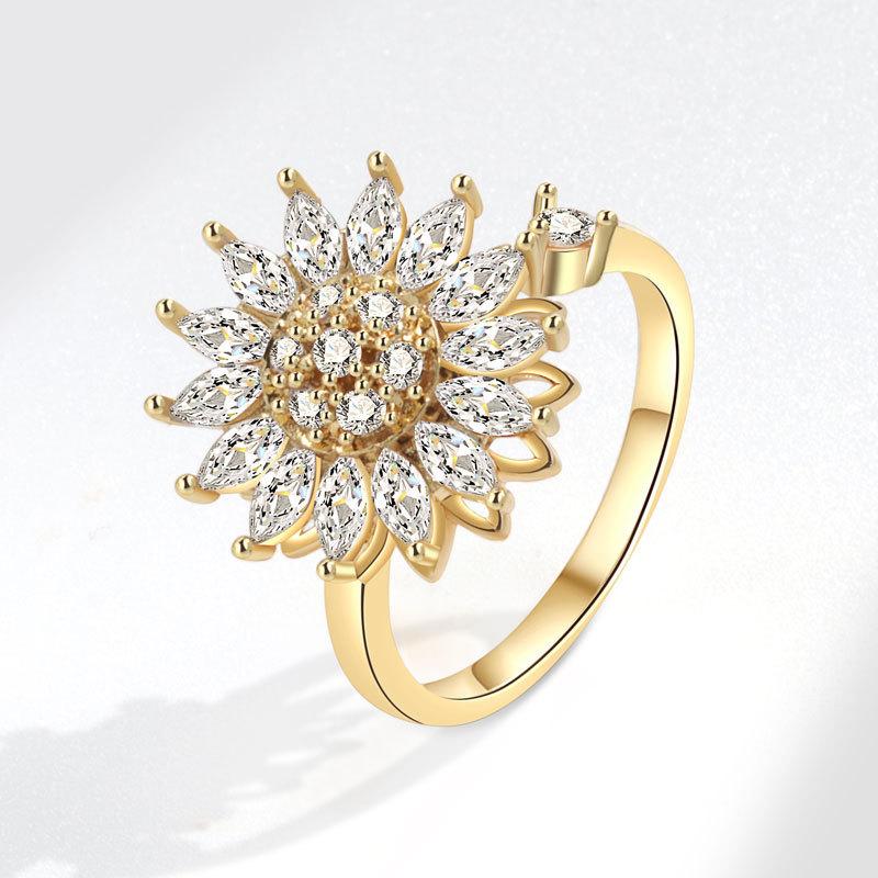Geometric Rotating Ring For Women With Sunflower Design And Adjustable Copper Material