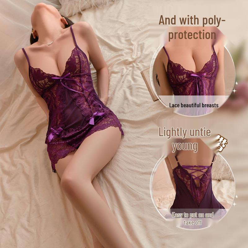 Tiefviolettes Spitzen-Cutout-Netz-Nachthemd mit Bindeband