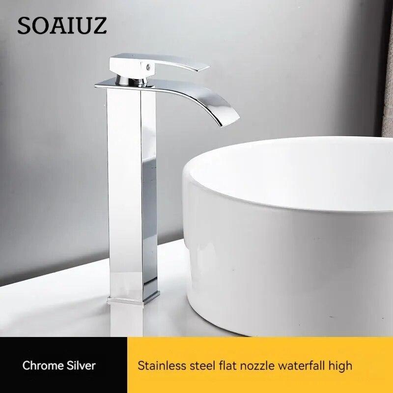 Copper Core European Waterfall Faucet Black Baking Paint Hot and Cold Basin Faucet Washbasin Hot and Cold Water Free Switching