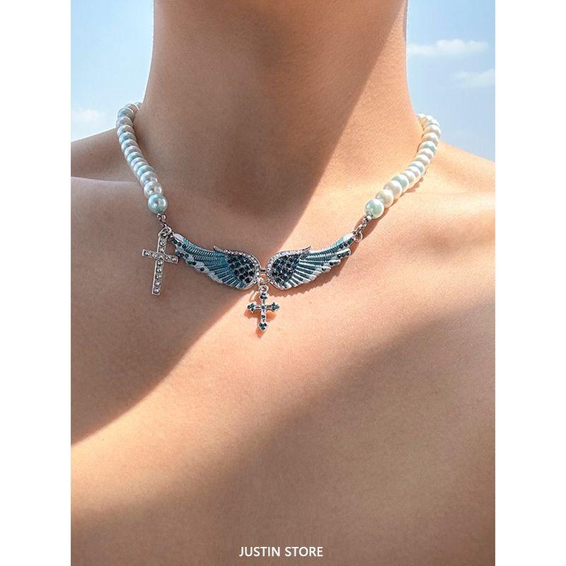 Shijia Pearl Necklace Men's Angel Wings Inlaid Zirconium Clavicle Chain European and American All Match Personality Fancy Cross Men's Chain