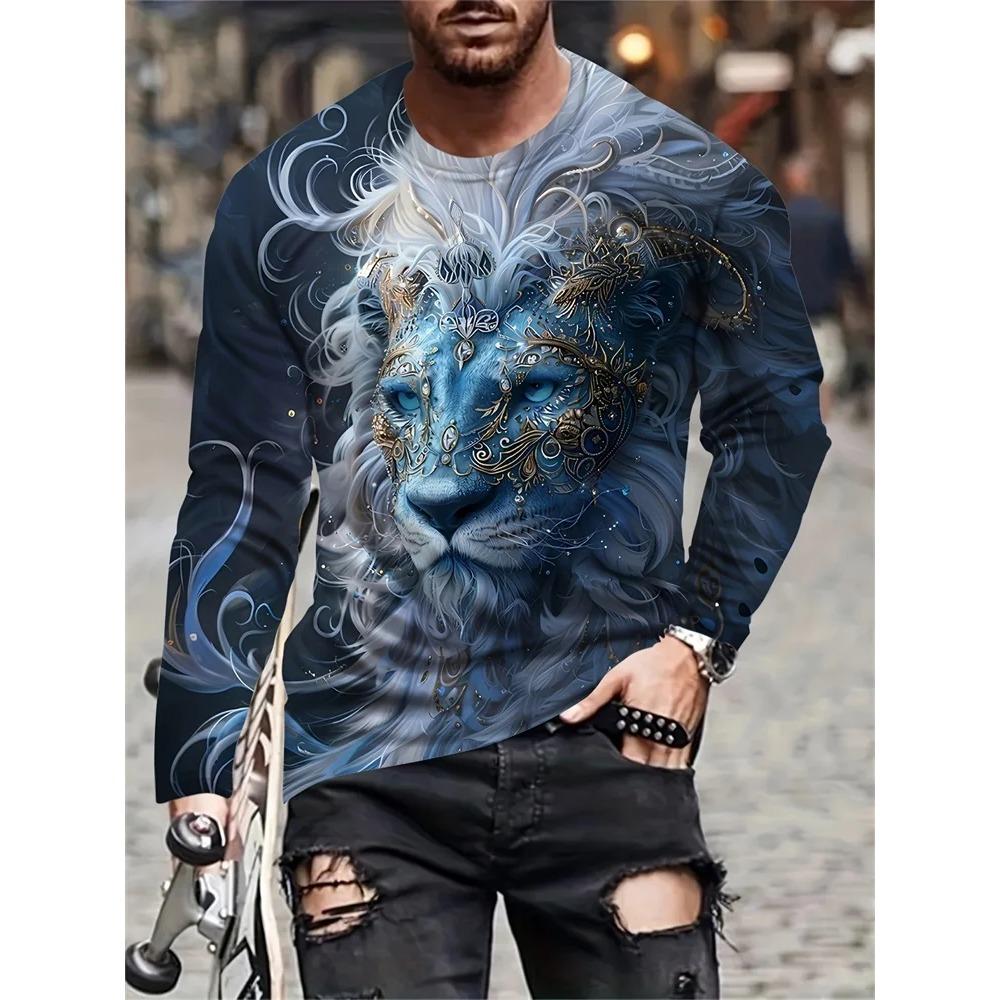 

Весенне-осенние футболки с круглым вырезом и 3D-принтом с животным узором, модные повседневные мужские футболки с длинным рукавом 5XL