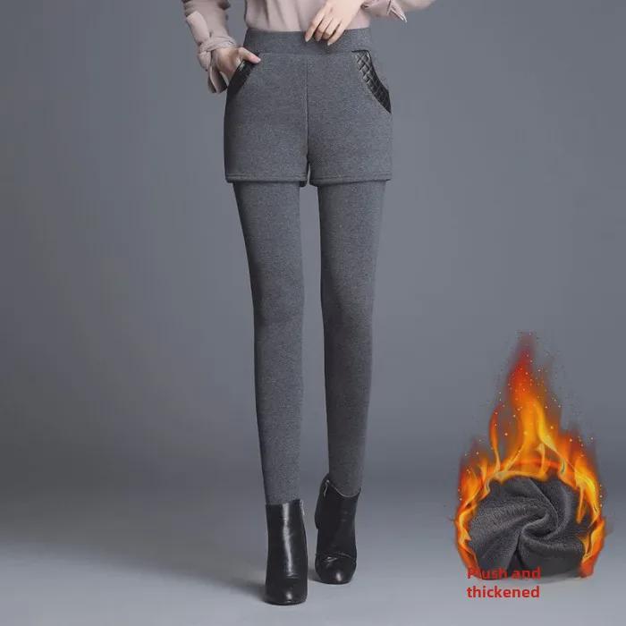 Velvet High Waist Women's 2-in-1 Elastic Pants Skirt: Plush, Thick, Non-Falling Jumpsuit for Autumn/Winter - Warm, Large Size, Slim Fit
