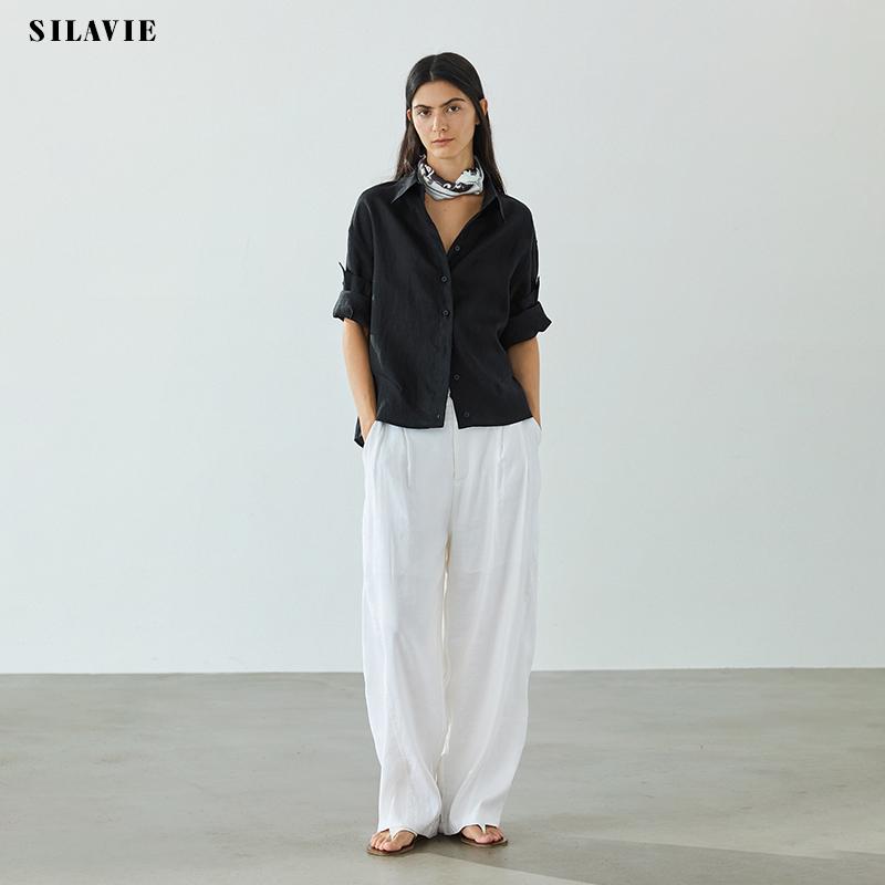 

Women s White Linen Minimalist Ripped Style Slimming Straight Wide-Leg Floor-Length Pants Medium белый