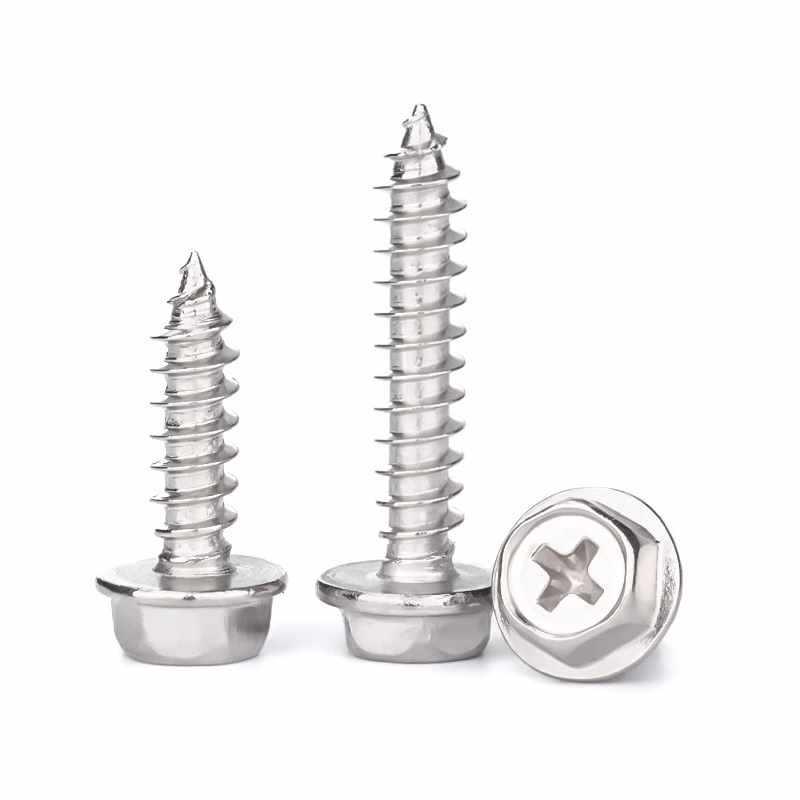304 Stainless Steel Hex Head Self-Tapping Screw with Washer & Countersunk Tip for Wood - Sizes M3, M4, M5, M10