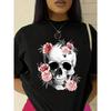 Black Short Sleeve T Shirt Skull Pink Roses Print Dark RoUnisextic Stylish