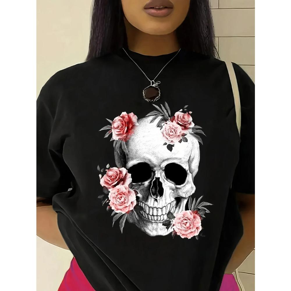 Black Short Sleeve T Shirt Skull Pink Roses Print Dark RoUnisextic Stylish
