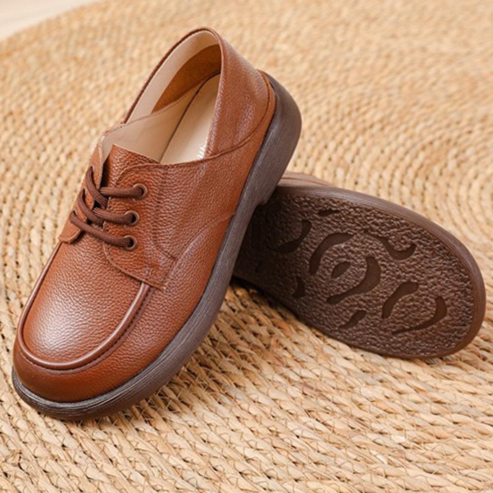 Top‑Layer Cowhide Mom Shoes, Round Toe Low Heel Shallow Mouth Dance Shoes, Breathable Versatile Flat Casual Leather Shoes SA‑2289