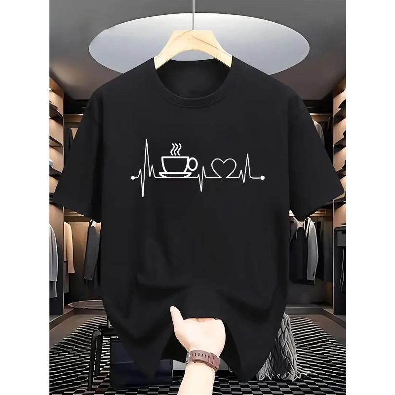 Men's Summer 100% Cotton Fashionable Casual Loose Large Size Coffee and Heartbeat Pattern Printed Round Neck Short Sleeve T-shirt