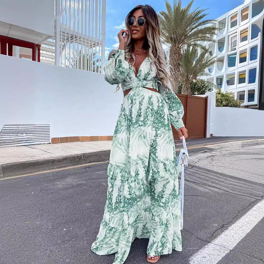 Spring Long Dress Fashion Print Sexy Deep V-neck Long Sleeved Dress Women's Elegant Hollow Out Ruffle Spliced Maxi Dress