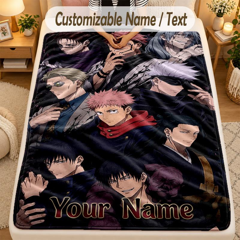 Flannel BlanketJujutsu Kaisen Custom Name Text Personalized Soft Warm Throw Blanket Home Decor Gift