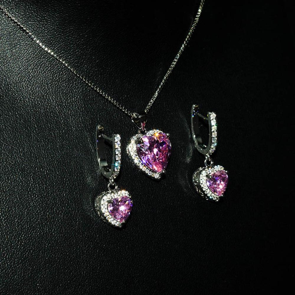 Luxury Women Jewelry Set Heart Pink Diamond Pendant Full Diamond Pink Crystal Open Ring Earrings