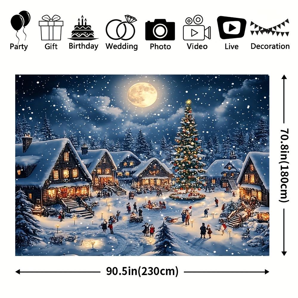 Christmas joyous party spotlight backdrop featuring cartoon village and pine tree design suitable for holiday partiesZL