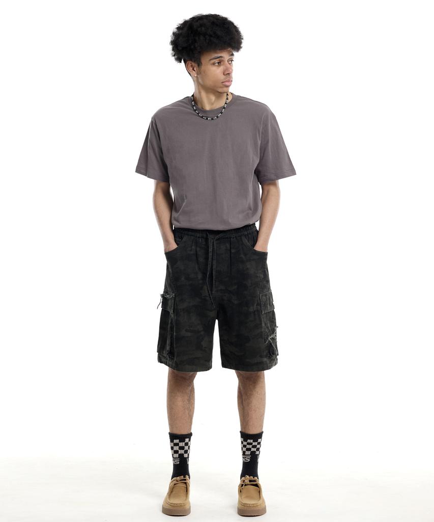CREAM SODA LAB Camouflage Cotton Cargo Bermuda Elastic Pants Khaki