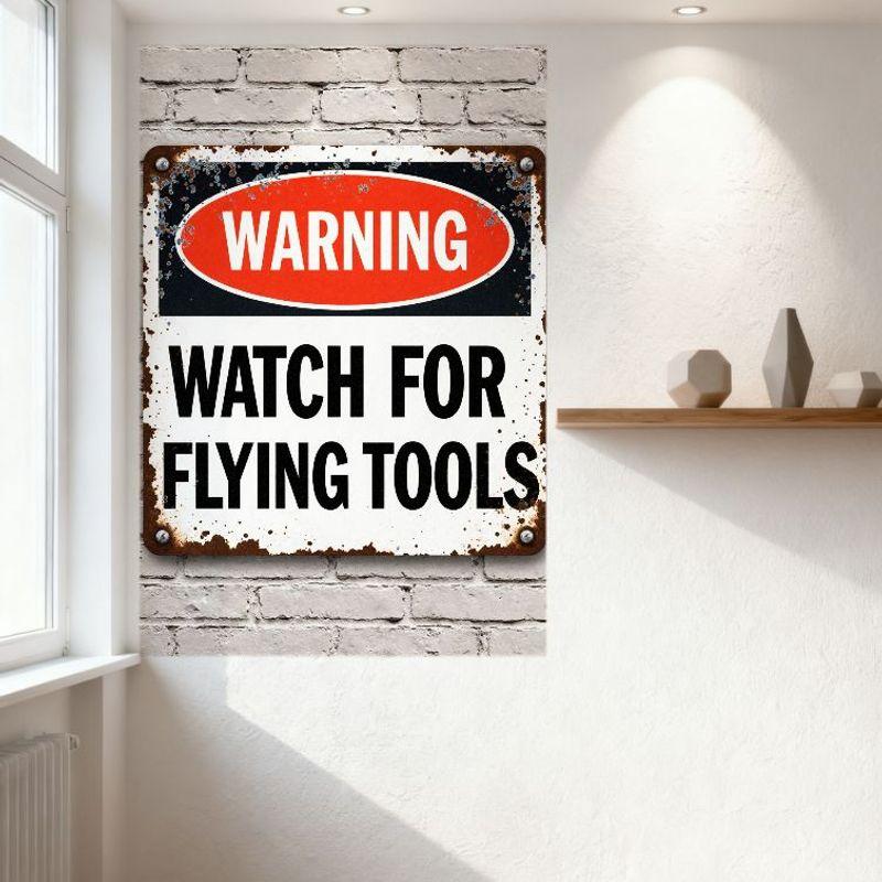 Vintage Weathered Metal Warning Sign with Rust & Chipped Paint - Watch for Flying Tools - Black Oval Border & Red Interior - Hom