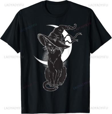 Vintage Scary Halloween Black Cat Costume Witch Hat Moon Tshirt Unisex Summer Streetwear Tops Funny Shirt