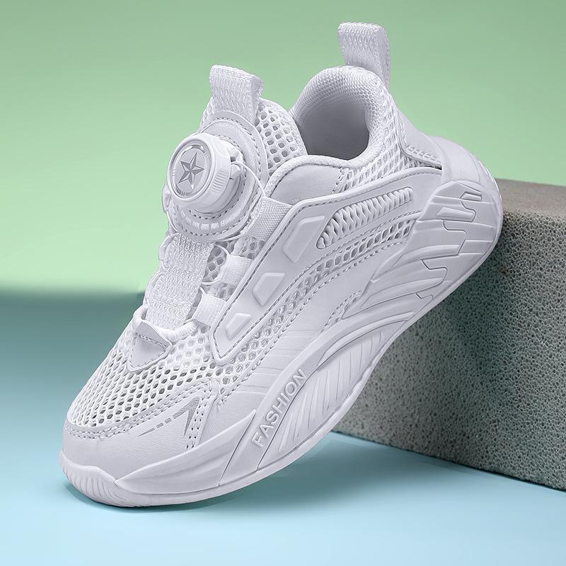 Children's little white shoes campus June 1 performance boys and girls white button sports shoes medium and older children's breathable running shoes