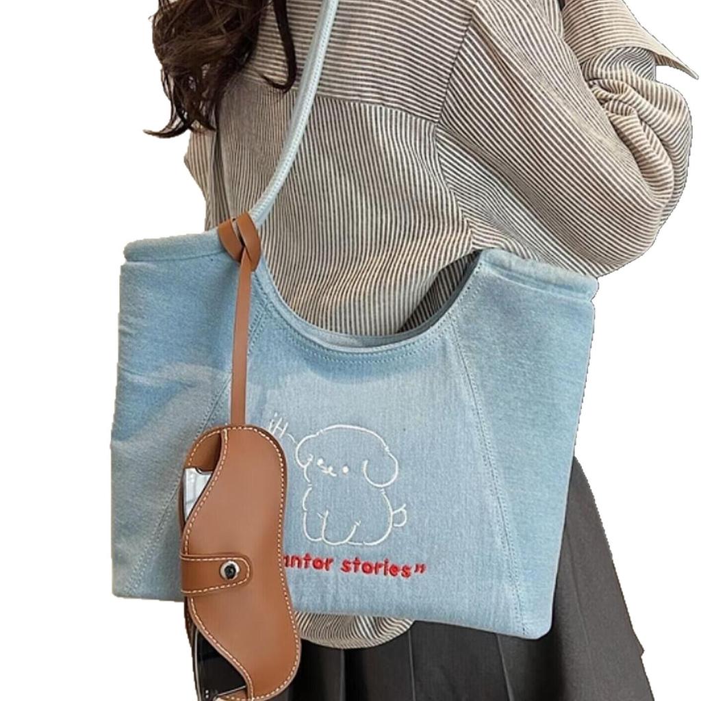 Cartoon Denim Canvas Bag Women'S Fashion Korean Tote Bag Versatile Large Capacity Underarm Bag Tide
