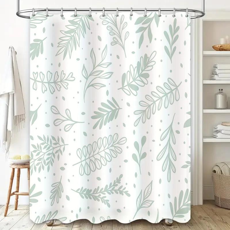 Leaf Pattern Shower Curtain Green and White Boho Style Decor for Bathrooms