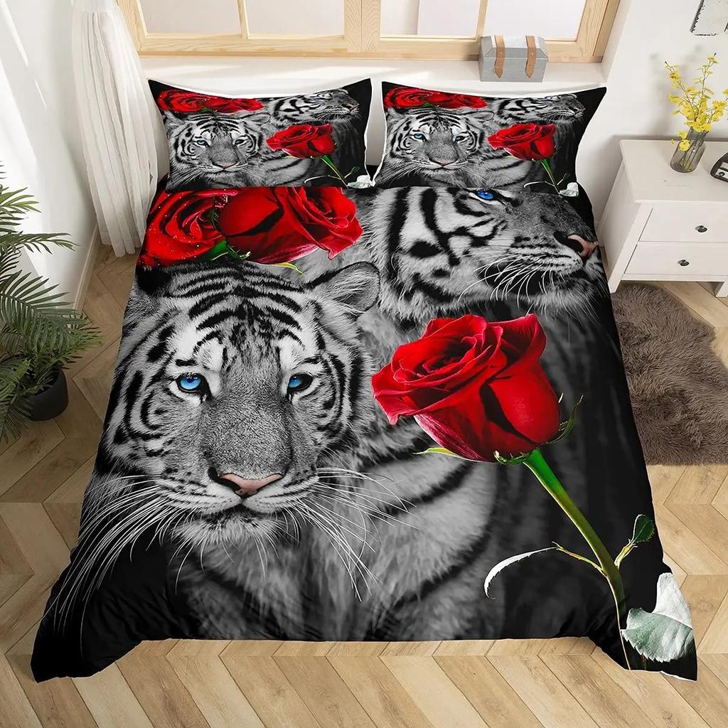 New Tiger Bedding Set Red Rose Flower Africa Big Cat Comforter Cover Set Animal Themed 2-3Pcs Queen Size Duvet Cover Set