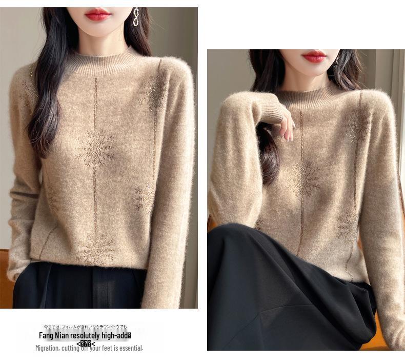 Women's Elegant Snowflake Rhinestone Half-High Collar Sweater - Velvet Loose Knit Pullover Base Layer for Autumn and Winter