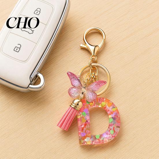 Pocket Keychain Pink Series Pendant, Sequins Heart Initial Letter Charm Key Chain with Backpack Butterfly Tassel Design, A-Z Holder for Bag