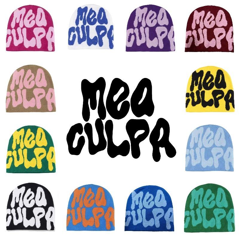 Mea Culpa Trendy Letter Print Beanies Knit  Hat Streetwear Cap Outfit Women Girl