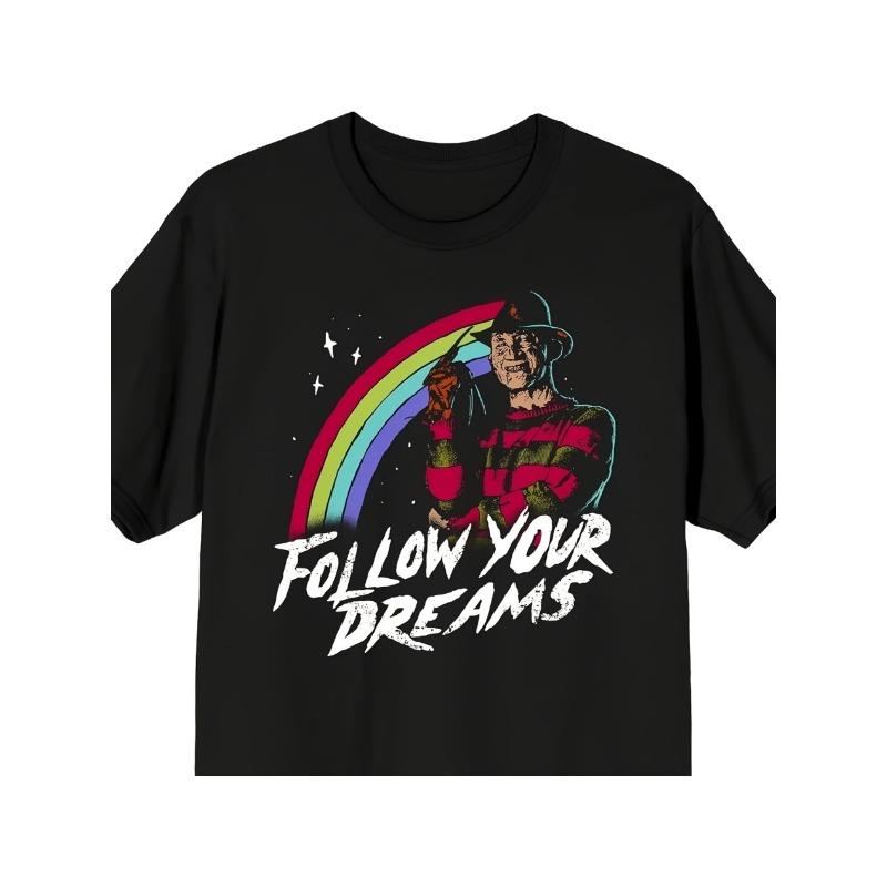 Европейские размеры Мужская футболка с графическим принтом Фредди Крюгера -  Следуй за своими мечтами  Забавный слоган - Повседневная футболка с дизайном в виде радуги и звезды S