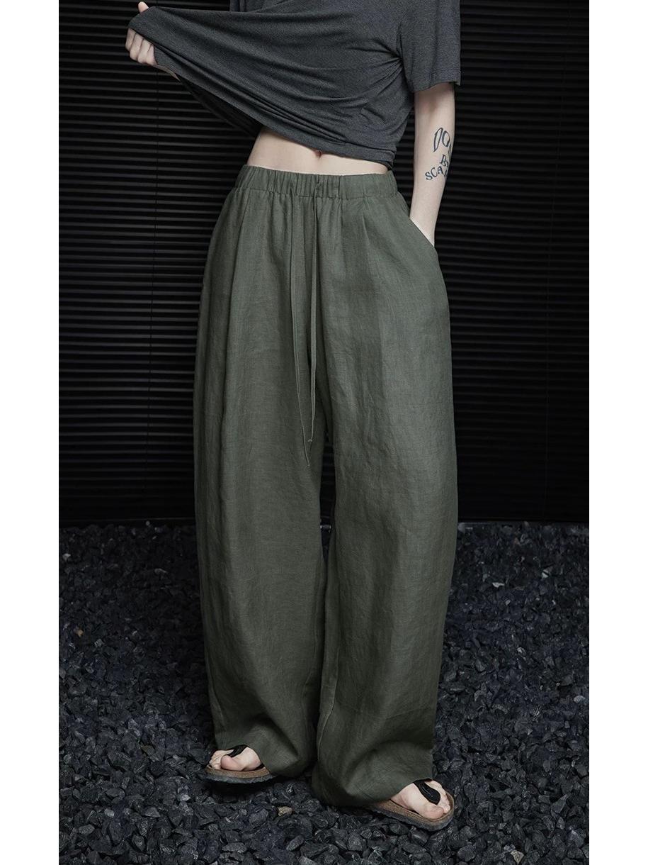 

Women s Green Linen High-Waist Wide-Leg Pants - Summer 2026 New Arrival, Loose Casual Style, Straight Leg. Large зелёный