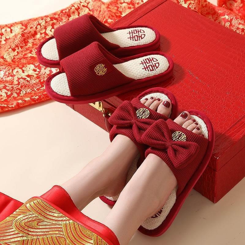 Wedding Celebration Linen Couple Red Slippers Happy Bride Groom Casual Home Slippers