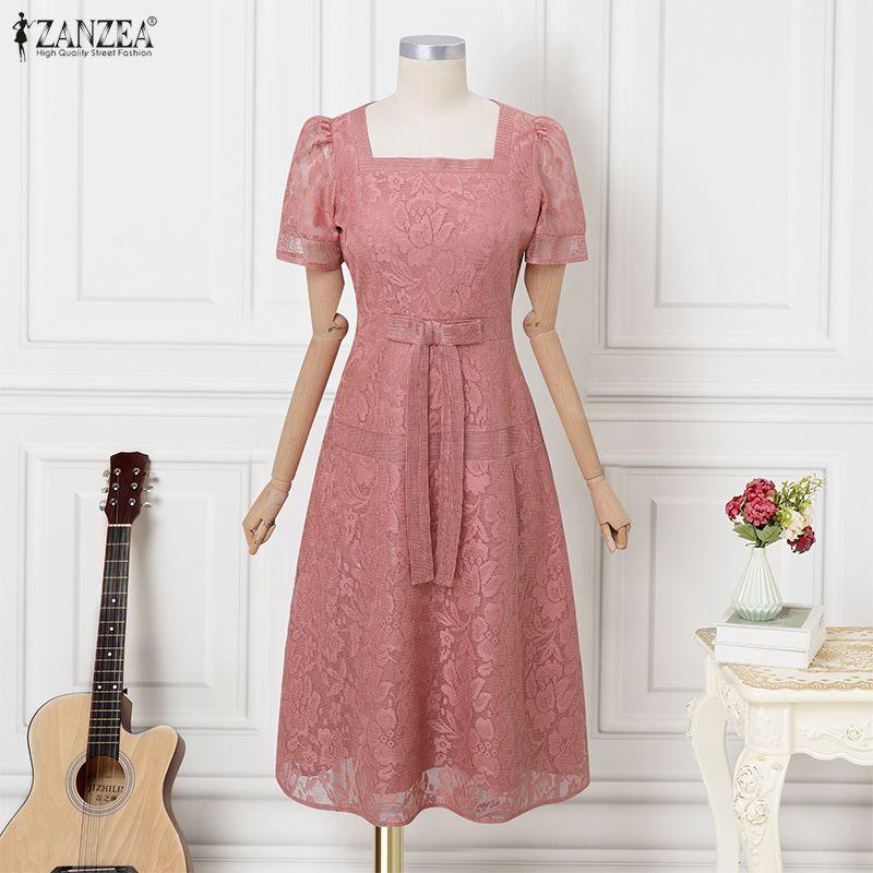 ZANZEA Women Casual Square Collar Summer Short Sleeve Lace Dress