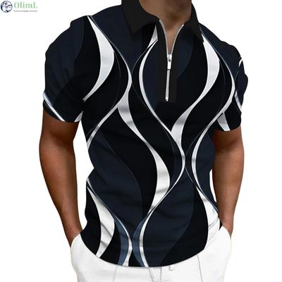 Herren Poloshirt mit Reißverschluss und Revers, Golf-Shirts, Grafikdrucke, Geometrie, linearer Umlegekragen, kurze Ärmel, Reißverschluss, Kleidung, Tops, Designer