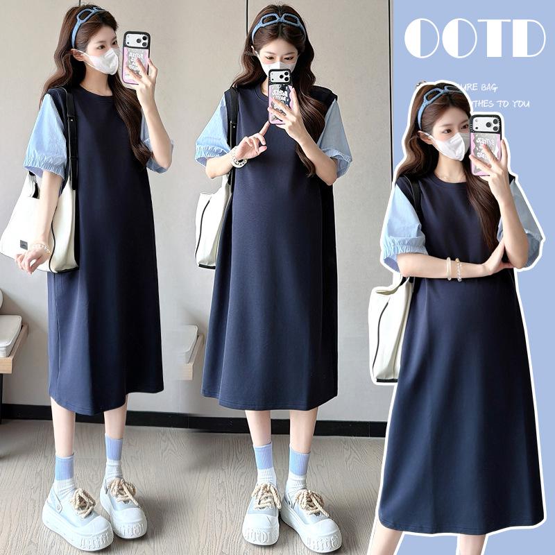 2026 Summer Maternity Patchwork Side Slit Mid-Length Dress - Loose, Slimming, Fake Two-Piece Design M темно-синий